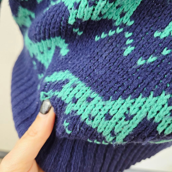Vintage 80s horse sweater navy blue mint green running horses equestrian size 38 - Picture 4 of 7